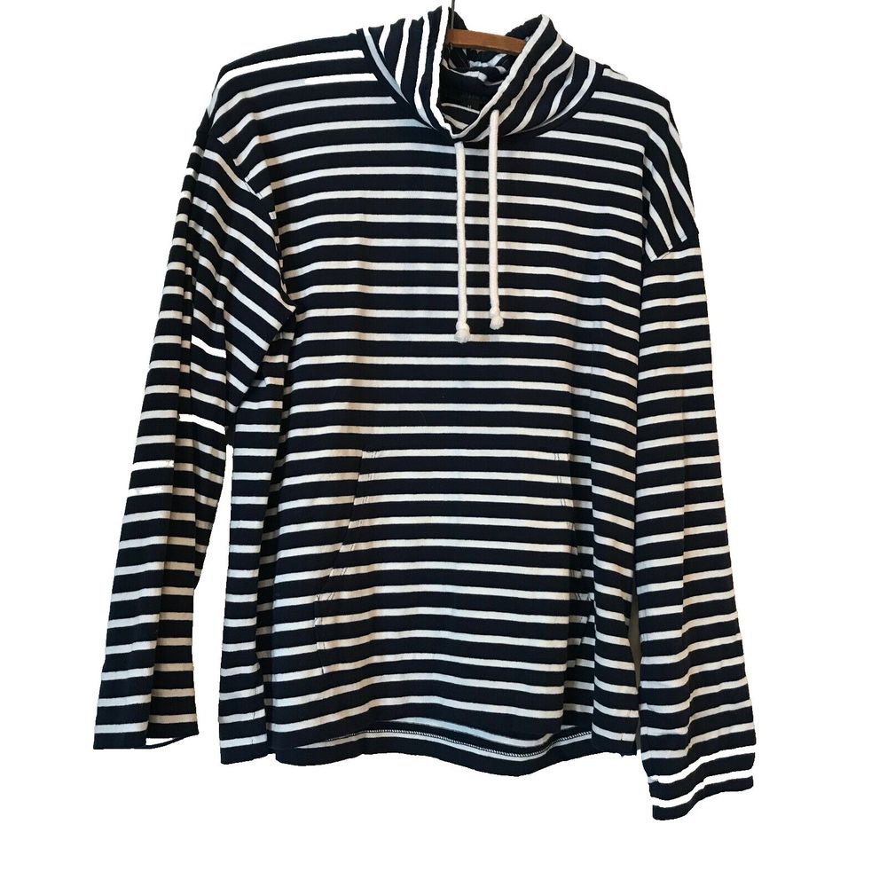 J. CREW Sweatshirt Navy Striped Funnel Neck Top Kangaroo Pocket size Medium